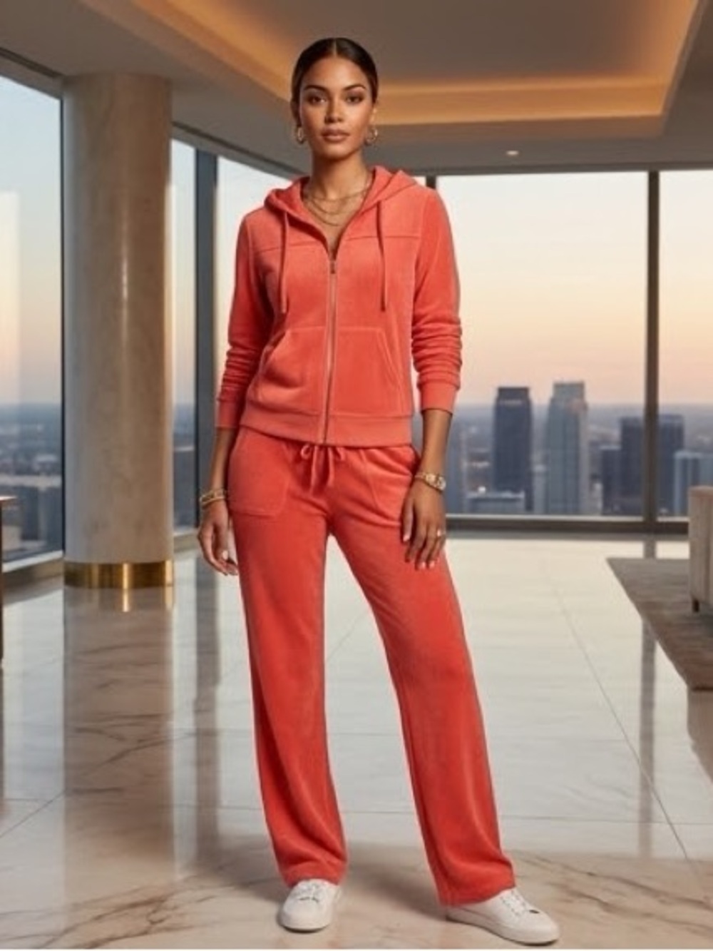 Talbots Vintage Terry Cotton Coral Pants Set Wide Leg M Hoodie